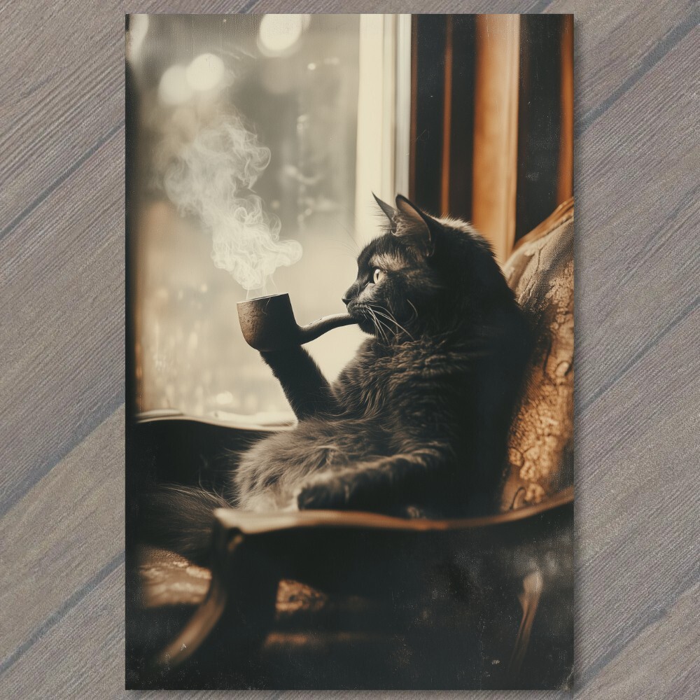 Art Print Anthropomorphic Cat Chair Smoking Pipe Retro Feline Funny Unusual Fun