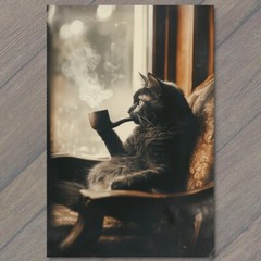 Art Print Anthropomorphic Cat Chair Smoking Pipe Retro Feline Funny Unusual Fun