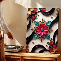 Wall Art Abstract Floral Heart Design Black Gold Pink Teal 3D Canvas Print Decor