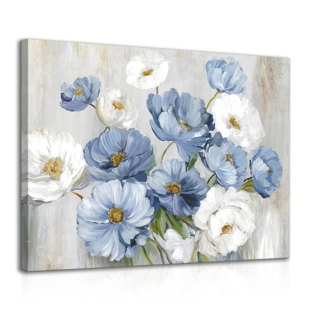 Framed Blue White Floral Wall Art, Watercolor Flower Canvas Picture for Bathroom
