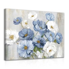 Framed Blue White Floral Wall Art, Watercolor Flower Canvas Picture for Bathroom