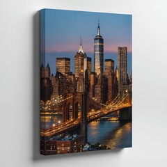 New York City Skyline Canvas Wall Art With Brooklyn Bridge Evening Lights Print