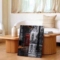 London Street Red Telephone Booth Clock Tower Rainy City Wall Art Poster Print