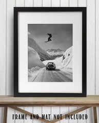 Skier Jumping Over Vintage Porsche Poster 11×14 Unframed Black & White Wall Art