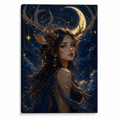 Celestial Deer Girl Canvas Wall Art Moon Goddess Fantasy Portrait Navy Gold Wall