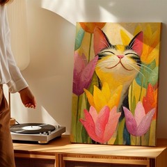 Wall Art Smiling Cat Among Tulips Canvas Print Colorful Floral Animal Decor