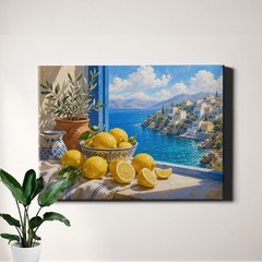 Mediterranean Window View Canvas Print Lemon Still Life Coastal