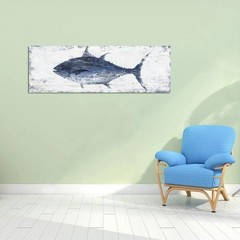 Large Blue White Abstract Tuna Fish Wall Art 36×12″ Framed Coastal Bedroom Decor