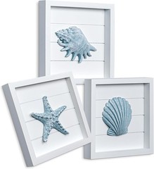 Charming Framed Set of 3 Coastal 3D Wall Art – Blue Seashells & Starfish, 7″x7″