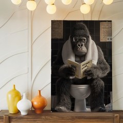 Funny Gorilla Reading Book Bathroom Humor Canvas Wall Art Modern Animal Home