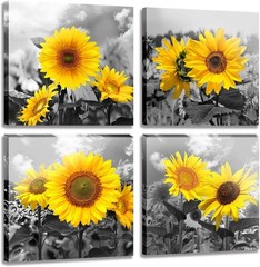 Rustic Floral Wall Art – 4 Panels Sunflower Watercolor Canvas, Waterproof Finish