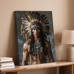 Native American Warrior Feather Headdress Tribal Necklace Canvas Wall Art Print