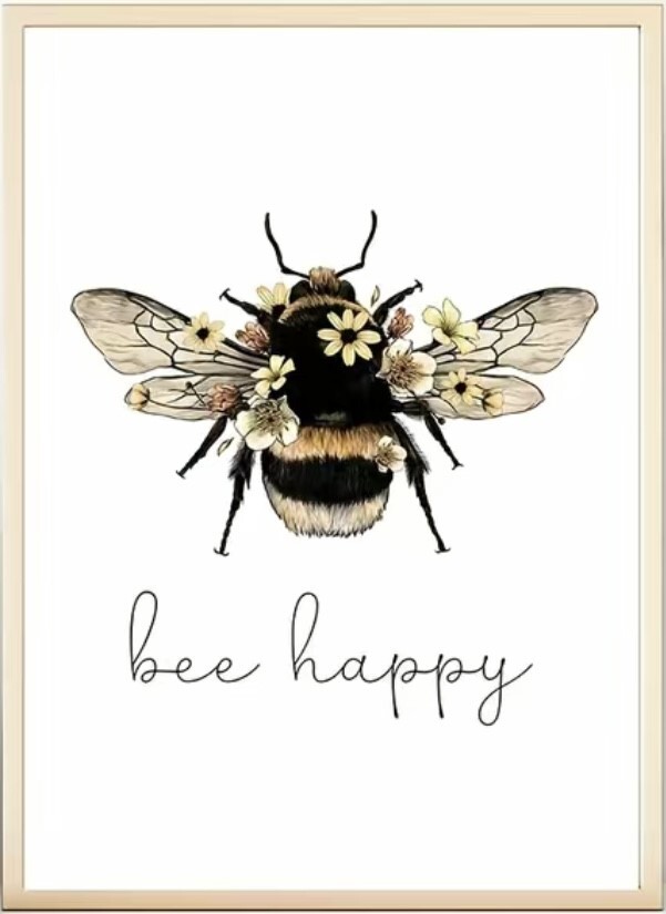 ‘Bee Happy’ Cute Bumblebee Floral Motivational Canvas Print Poster 3 Sizes New
