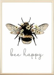 ‘Bee Happy’ Cute Bumblebee Floral Motivational Canvas Print Poster 3 Sizes New