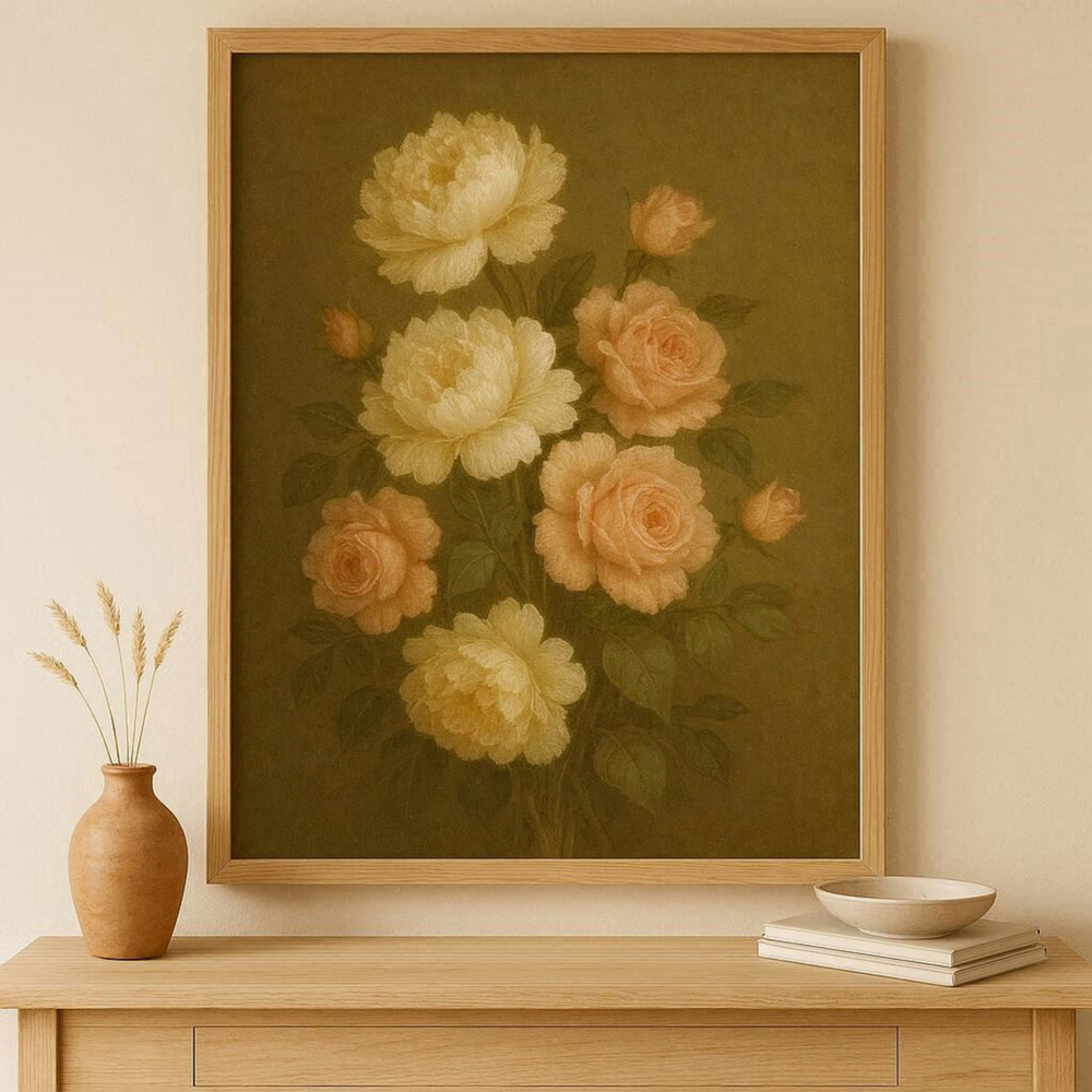 Vintage Farmhouse Floral Wall Art – Olive Peonies & Blush Roses Print