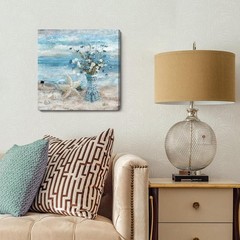 Serene Coastal Wall Art – 14×14 Framed Blue Ocean & Daisy Canvas Print