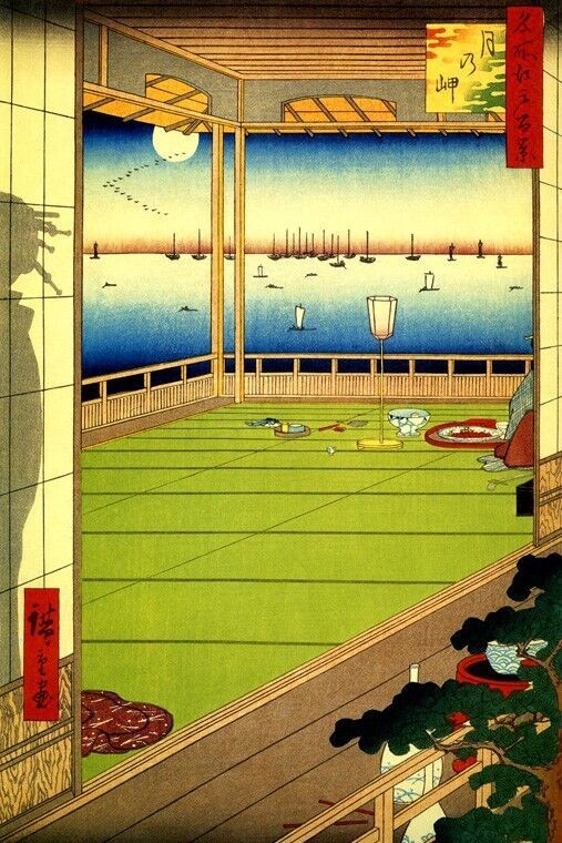 MOON VIEWING POINT OCEAN BOATS BIRD WOODBLOCK JAPANESE PRINT BY HIROSHIGE REPRO
