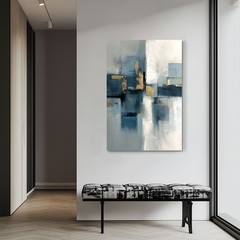 Abstract Blue Grey Gold Oil Painting Print, Framed Canvas Wall Art, Modern Decor