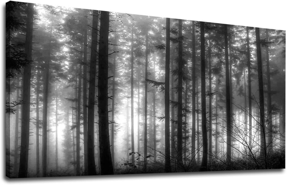 Foggy Forest Canvas Art – Large Black and White Nature Landscape 24″ X 48