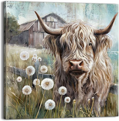 Farmhouse Highland Cow Wall Decor in Neutral colour: Rustic Cow and Dandelion pi