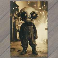 Art Print Alien Child Big Eyes Overalls Welding Sparks SciFi Surreal Odd Strange