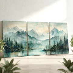 3 Pieces Misty Mountain Landscape Serene Forest Lake Large Wall Art Set Of 3