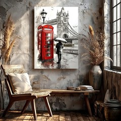 Wall Art London Tower Bridge Red Telephone Booth Rainy Cityscape Print Decor