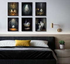 6Pcs Ghost Halloween Wall Art Gothic Poster Set 8x10in