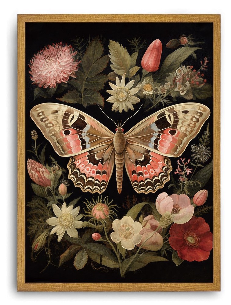 Vintage Framed Wall Art Butterfly Floral Canvas Wall Art Prints Boho Botanica…