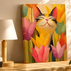Wall Art Smiling Cat Among Tulips Canvas Print Colorful Floral Animal Decor