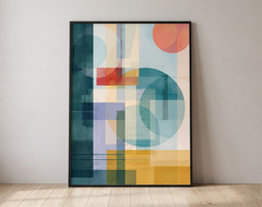 Mid Century Modern Geometric Shapes Wall Art Teal Blue Yellow Poster Print