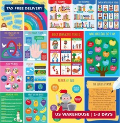 15 Bible Posters for kids, Thick Religious Poster Waterproof & Tear Proof with P