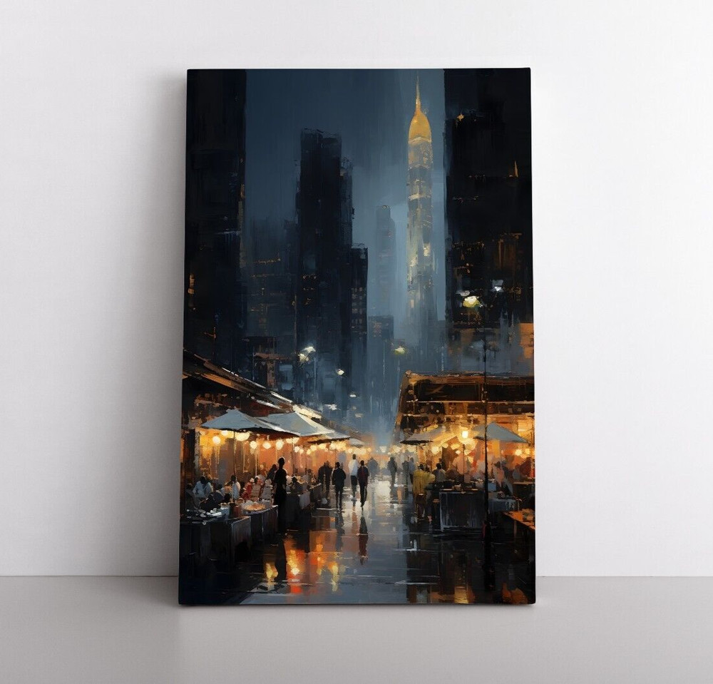 Dark City Night Market Dystopian Cyberpunk Future Painting Print Canvas Wall Art