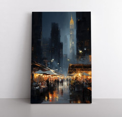 Dark City Night Market Dystopian Cyberpunk Future Painting Print Canvas Wall Art