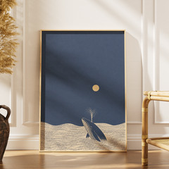 Minimalist Blue Whale Moon Poster Japanese Style Nautical Coastal Ocean Art Prin