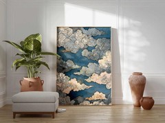 Japanese Cloud Art Poster Blue Gold Sky µk1yo ә Wall Decor