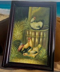 Vtg Rooster Chickens Farm Life Oil Painting on Canvas Frame 30X20.5″ Art 25X16″