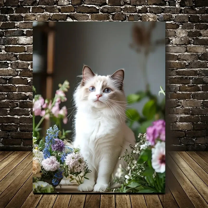 Cute Ragdoll Cat Kitten with Flowers Painting Metal Print Ready to Hang