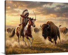 The Buffalo Hunt Native American Indian Chief Stretched Canvas Wall Art