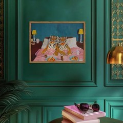 Framed Funny Tiger Wall Art, Eclectic Tigers Eating Pizza in Bed Pictures Wal…