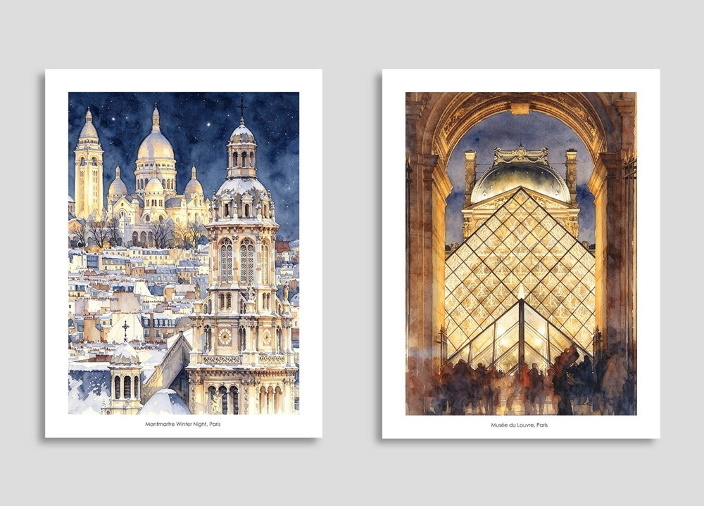 Set of 2 Paris Sacre Coeur Montmartre Louvre Museum Watercolor Art Print 12X16″