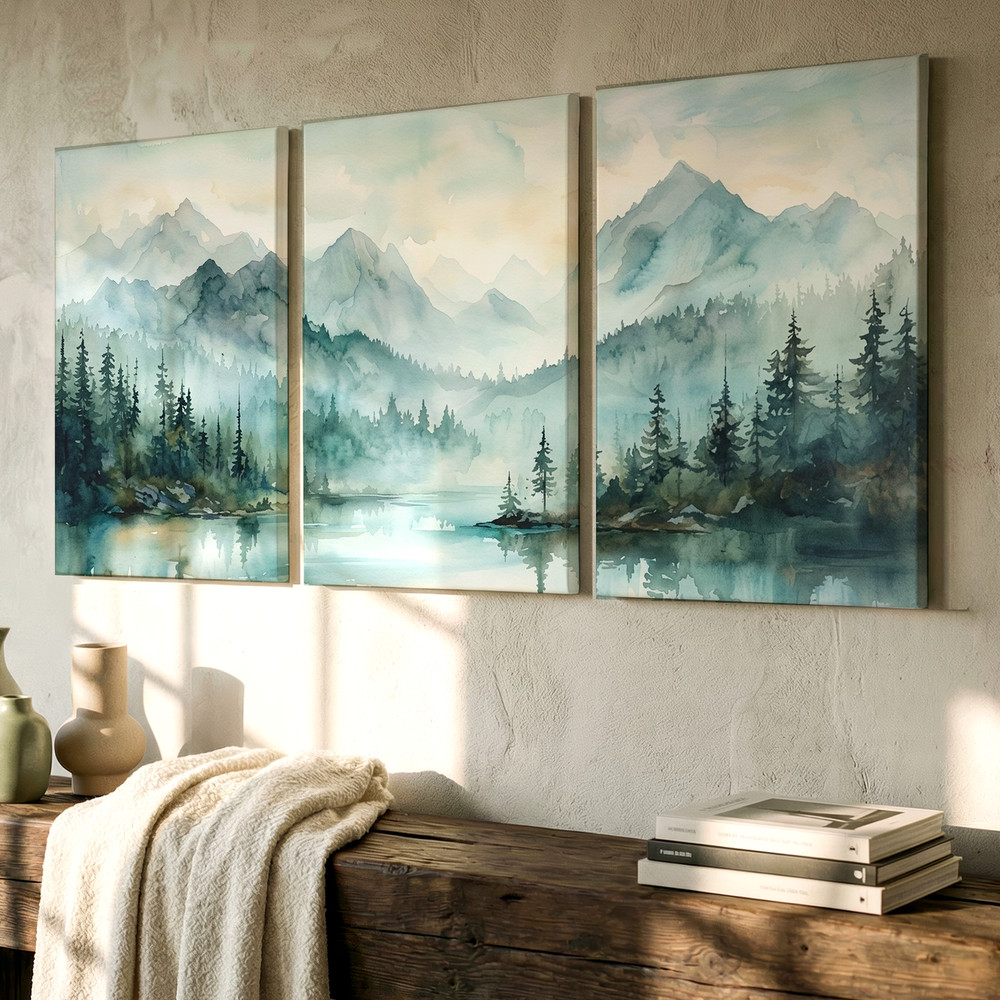 3 Pieces Misty Mountain Landscape Serene Forest Lake Large Wall Art Set Of 3