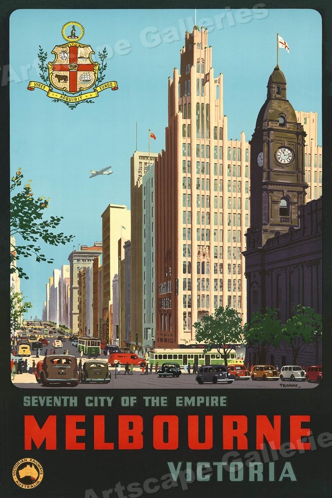 1940s Melbourne Victoria Australia Vintage Style Travel Poster – 24×36