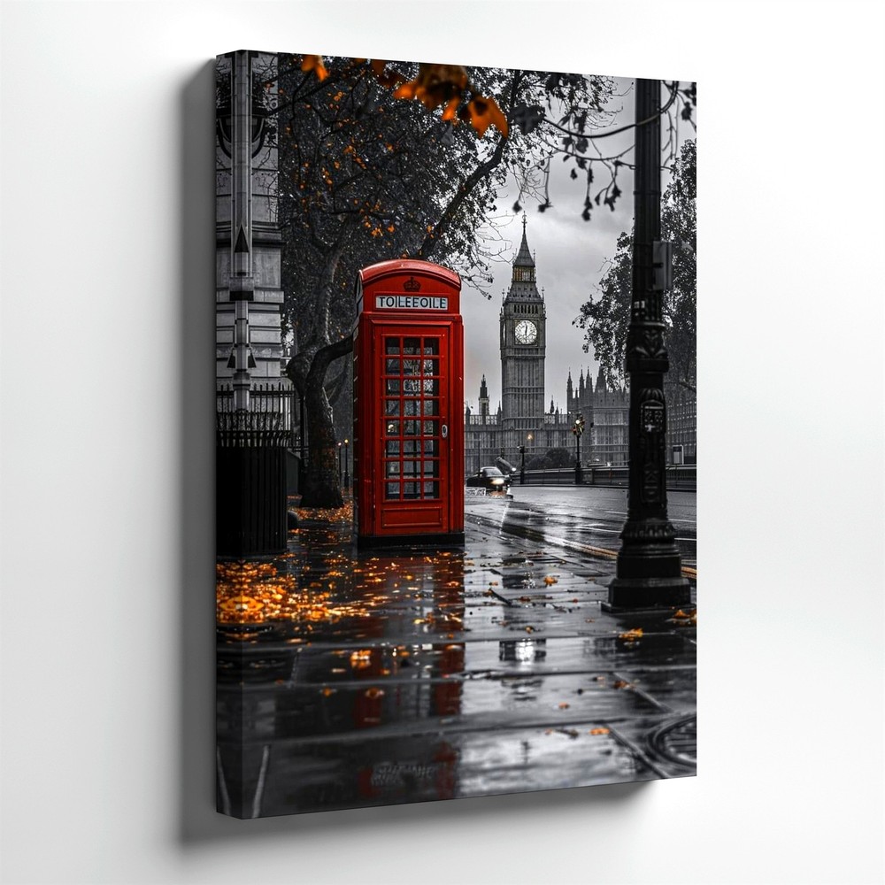 London Street Red Telephone Booth Clock Tower Rainy City Wall Art Poster Print