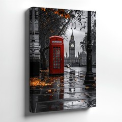 London Street Red Telephone Booth Clock Tower Rainy City Wall Art Poster Print