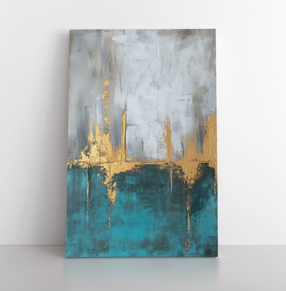 Abstract Gold Teal Gray Painting Print, Framed Canvas Wall Art Modern Elegant