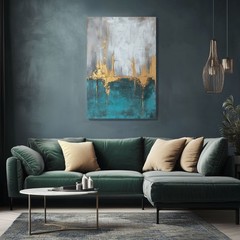 Abstract Gold Teal Gray Painting Print, Framed Canvas Wall Art Modern Elegant