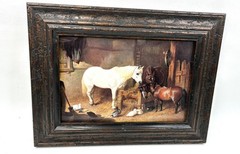 Vintage Horse Stable Print Rustic Wood Frame Ducks Barn Scene Wall Art Decor