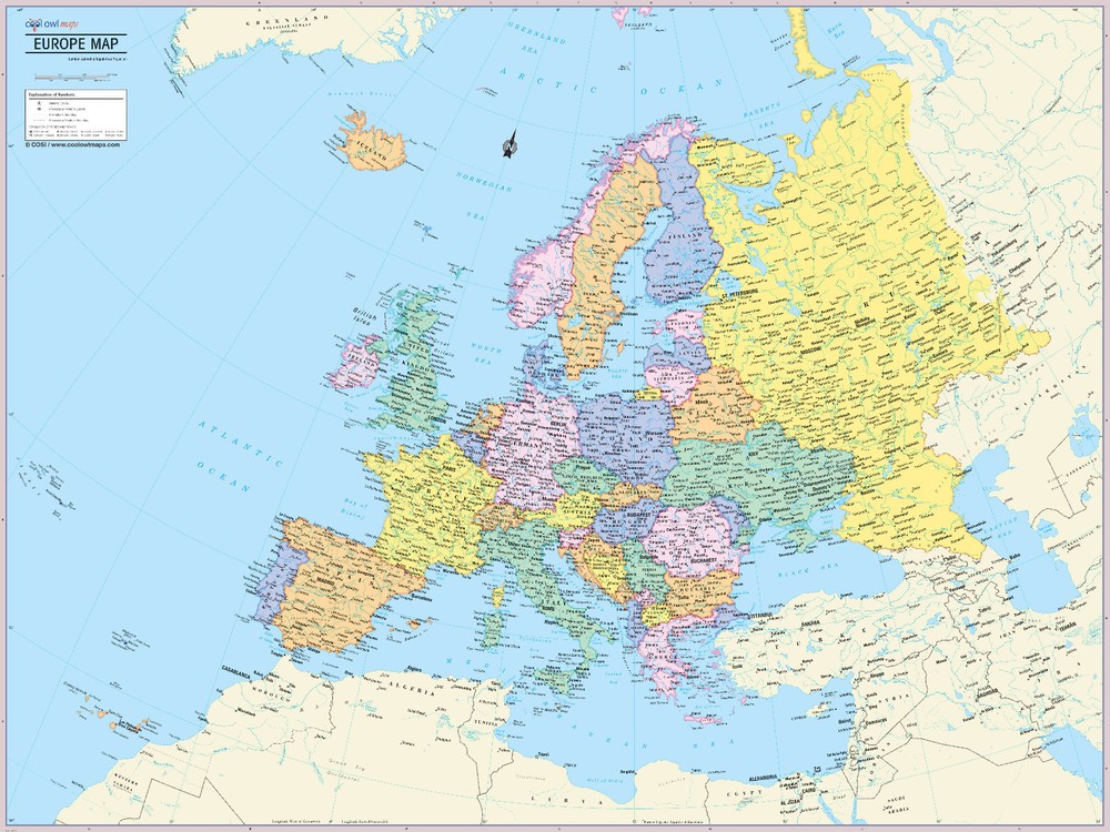 Cool Owl Maps Europe Continent Wall Map Poster – Laminated 32″x24″