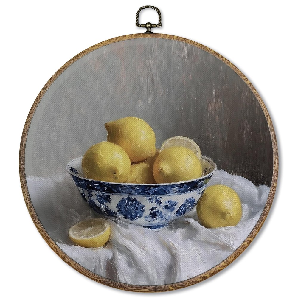 Lemon Chinoiserie Round Wall Art Decor Framed, Blue and White Chinoiserie Bow…